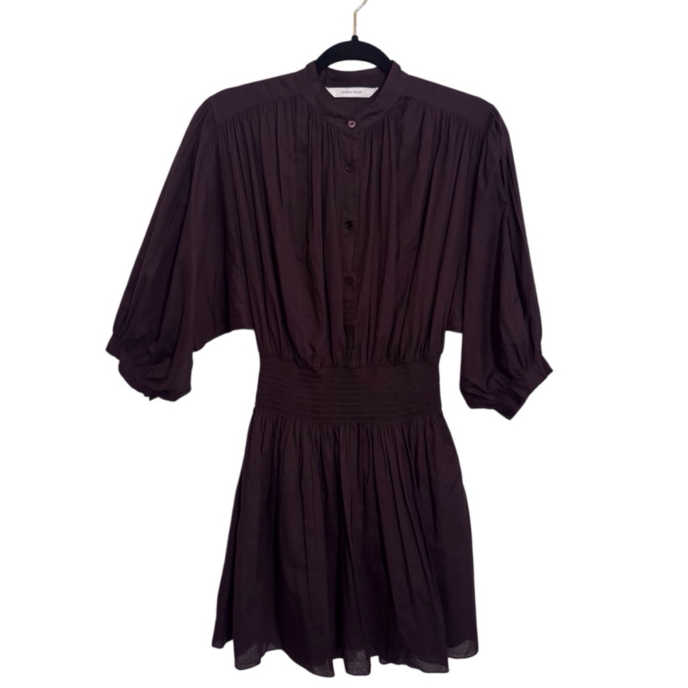 Rebecca Taylor Size X-Small Dark Brown Smocked Mini Dress Puff Sleeve Cotton